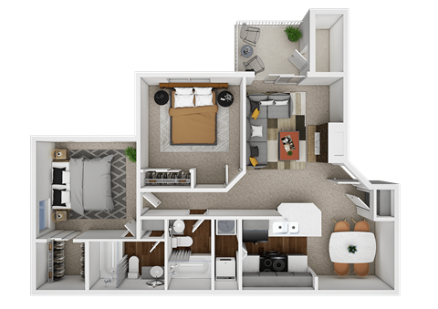Floor plan for 2 beds, 2 baths, 882 sqft